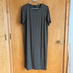 Eileen Fisher T-Shirt Dress Women M Olive Green Viscose Spandex Side Slit Midi